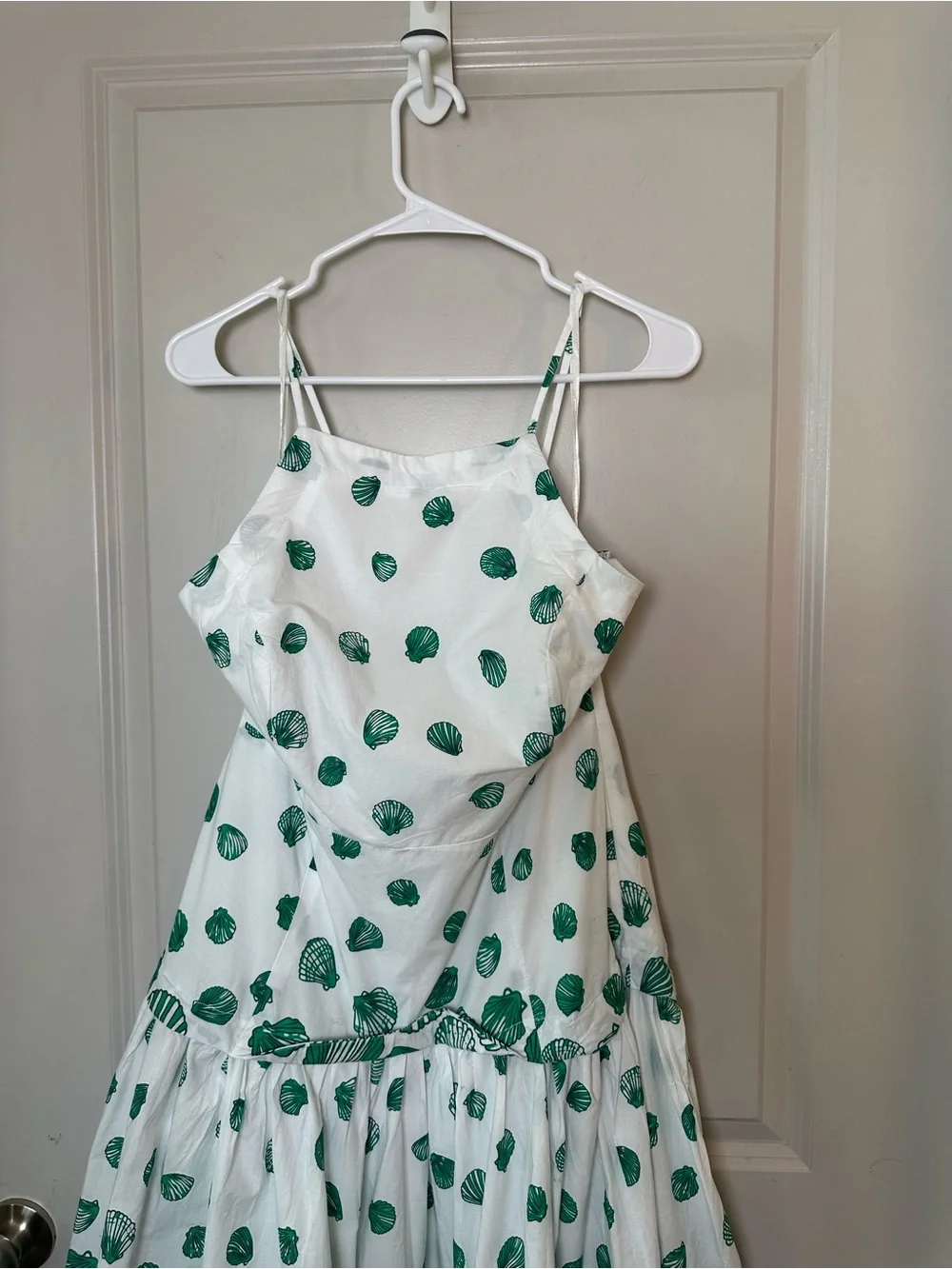 Anthropologie Maeve Halter Tiered Cotton Green/ White Seashell Maxi Dress, M